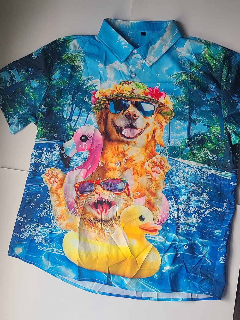 Tropical Dog & Cat Graphic Button-Up Shirt in Bright Blue